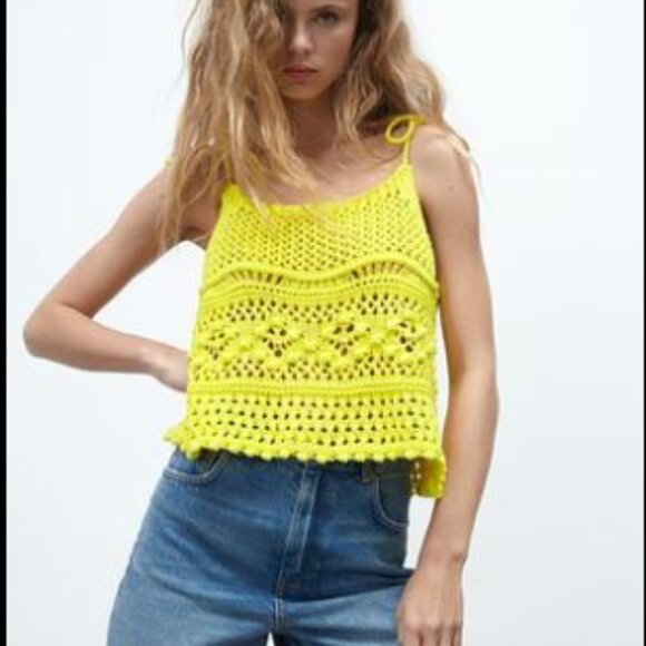 Zara Yellow Crochet Knit Top Boho Tie Straps Cropped Loose Fit NEW NWT Small - Picture 1 of 16